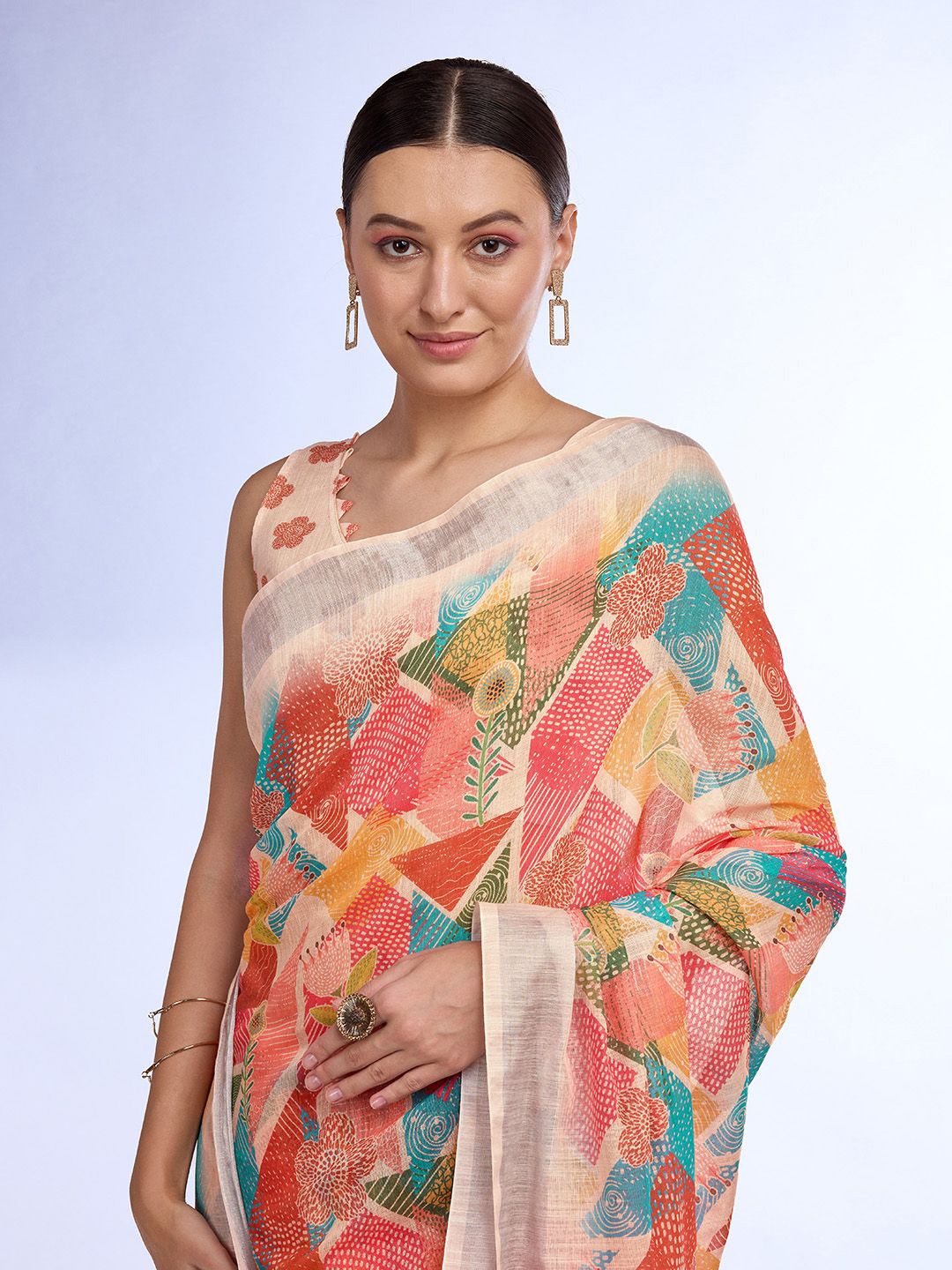 

Mitera Floral Linen Blend Saree, Peach