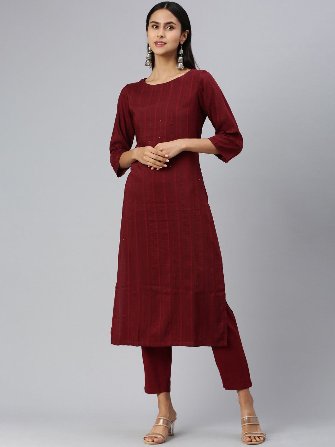 

Shaily Striped Sequinned Dobby Weave Straight Kurta With Trouser, Maroon