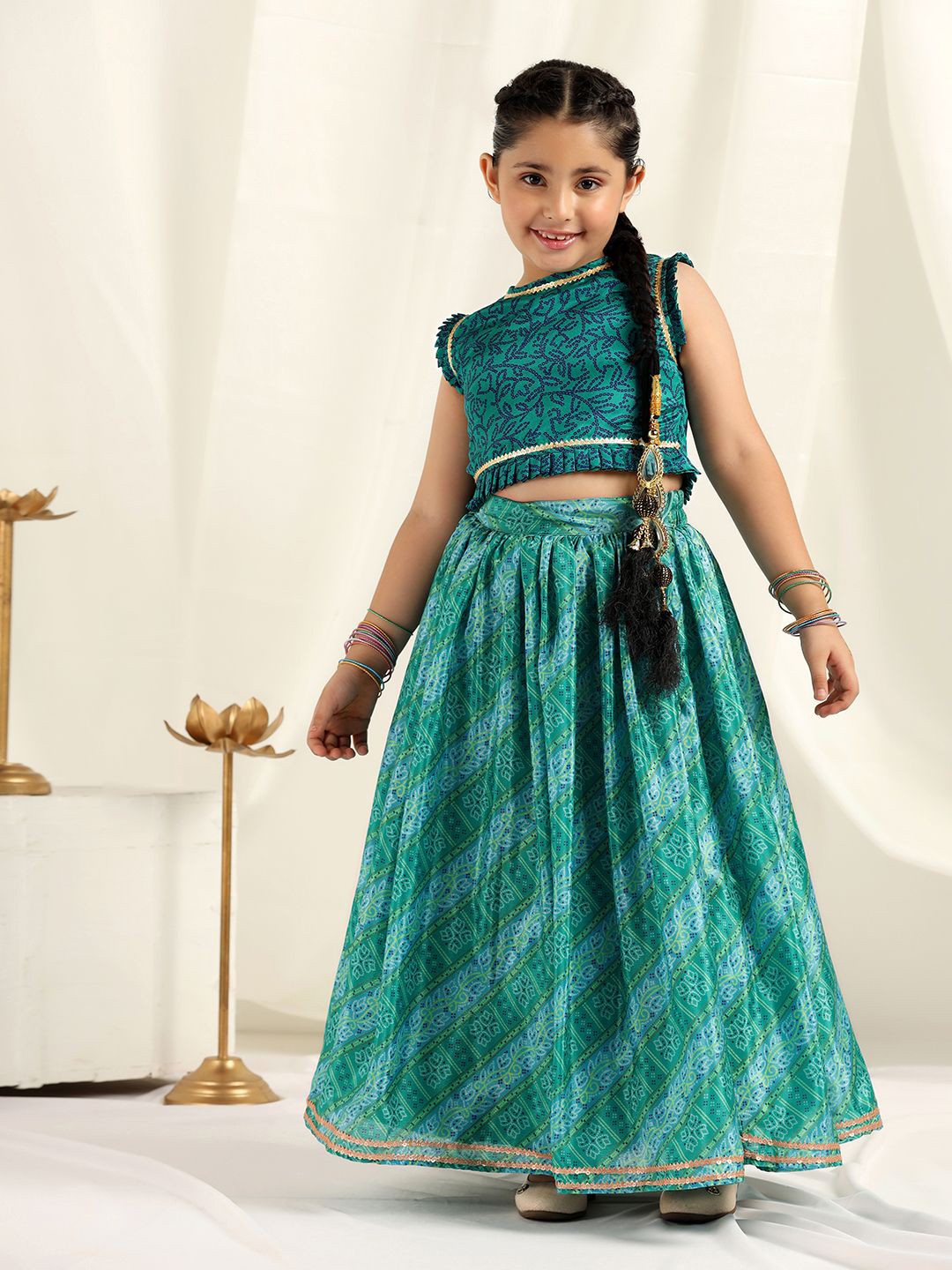 

BAESD Girls Bandhani Printed Ready to Wear Lehenga with Blouse, Green