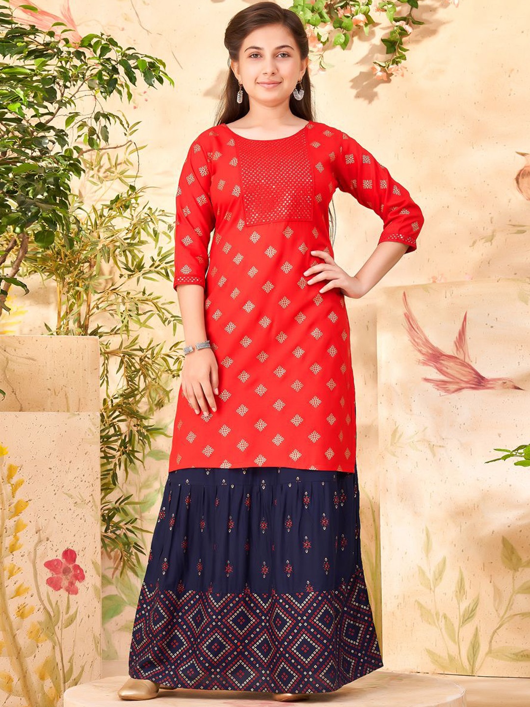 

BAESD Girls Floral Embroidered Cold-Shoulder Sleeves Kurta, Red
