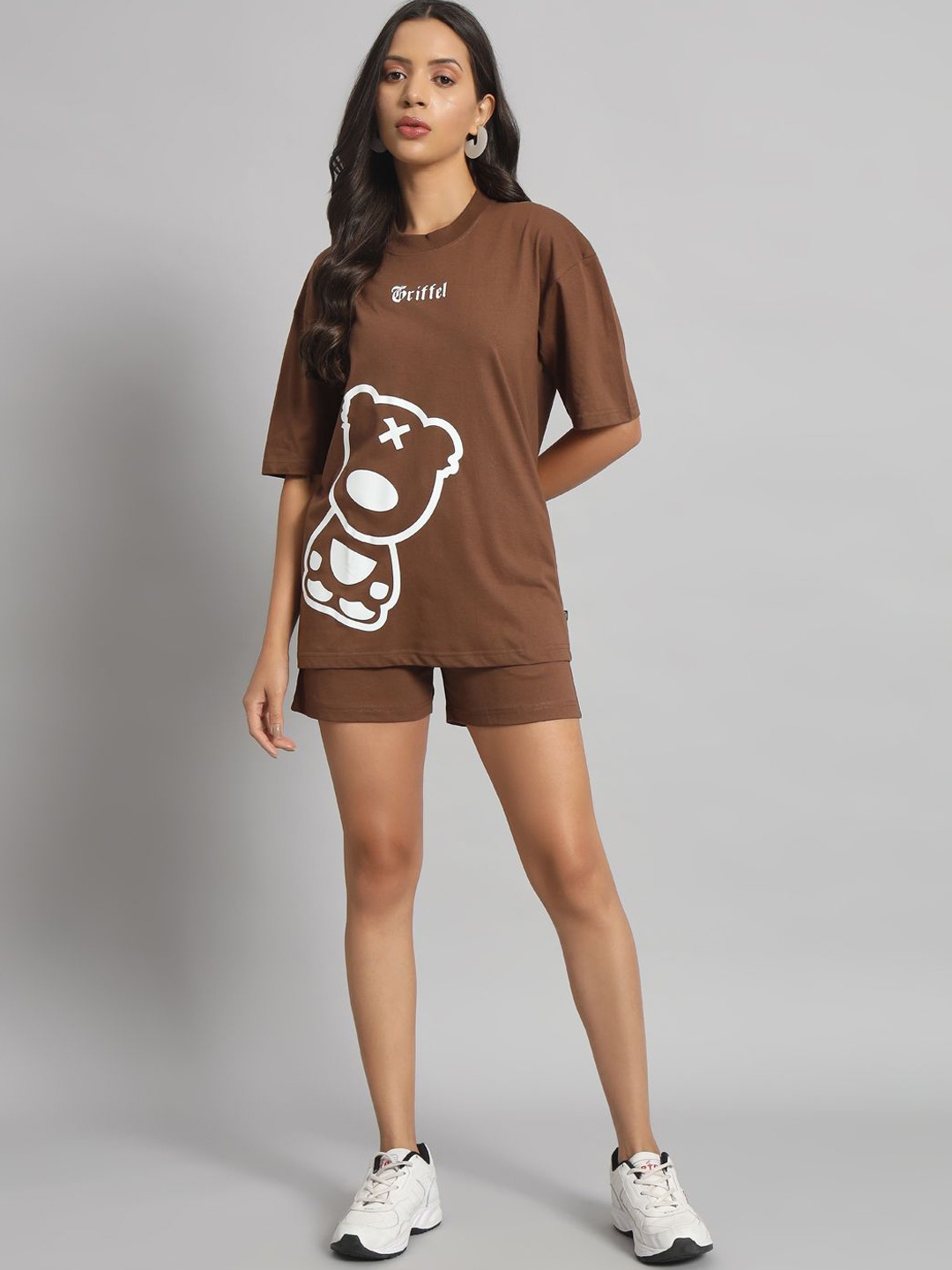 

GRIFFEL Printed Oversized T-Shirt With Shorts Co-Ords, Coffee brown