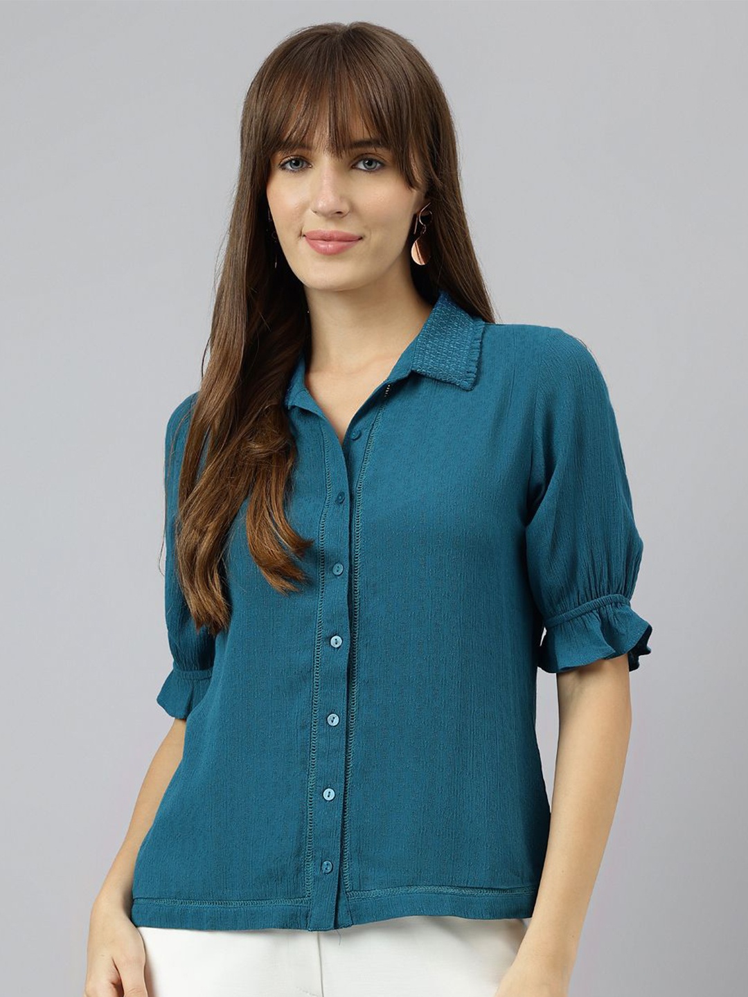 

Latin Quarters Women Spread Collar Solid Casual Shirt, Teal