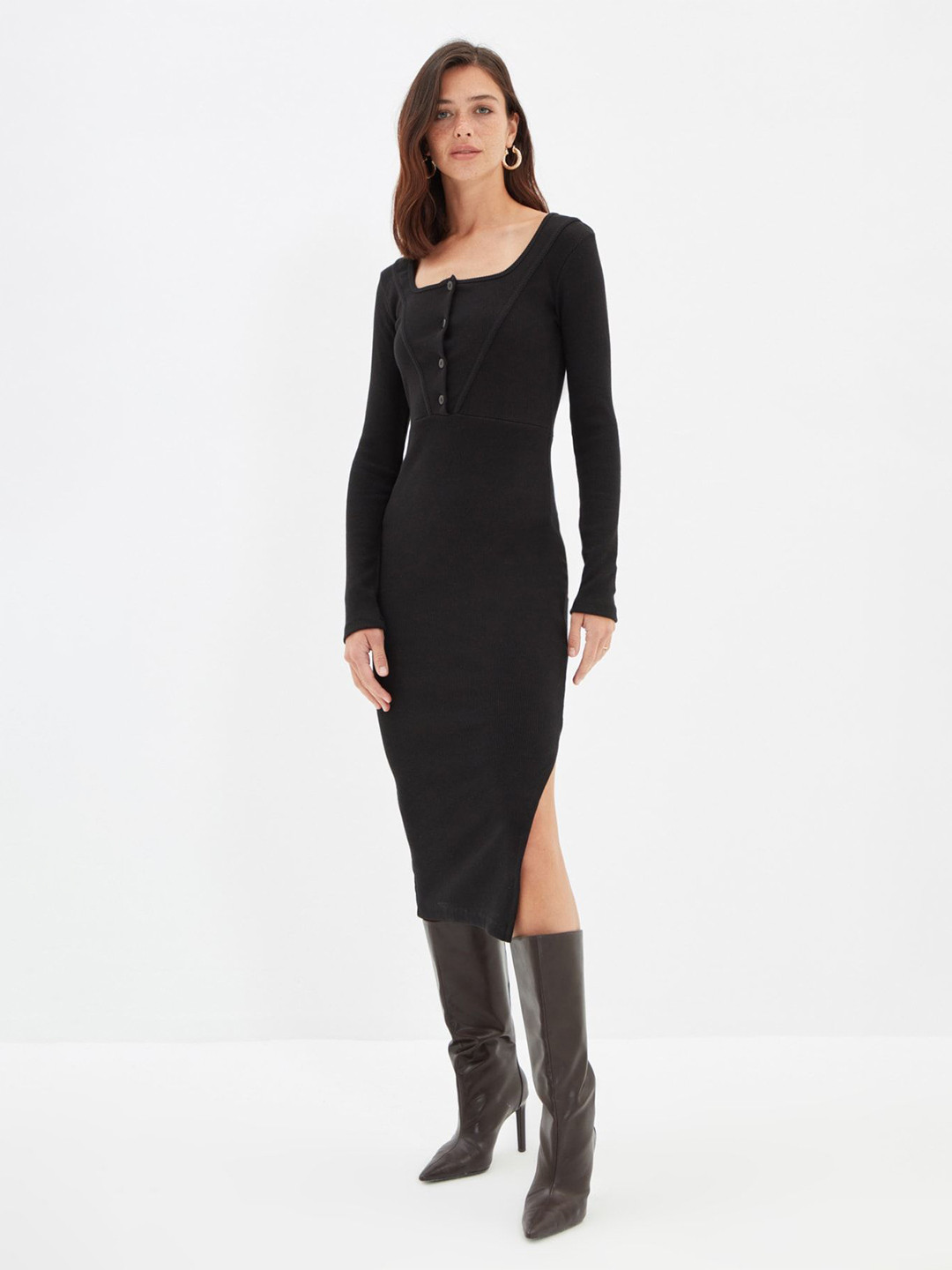

Trendyol Square Neck Bodycon Midi Dress, Black