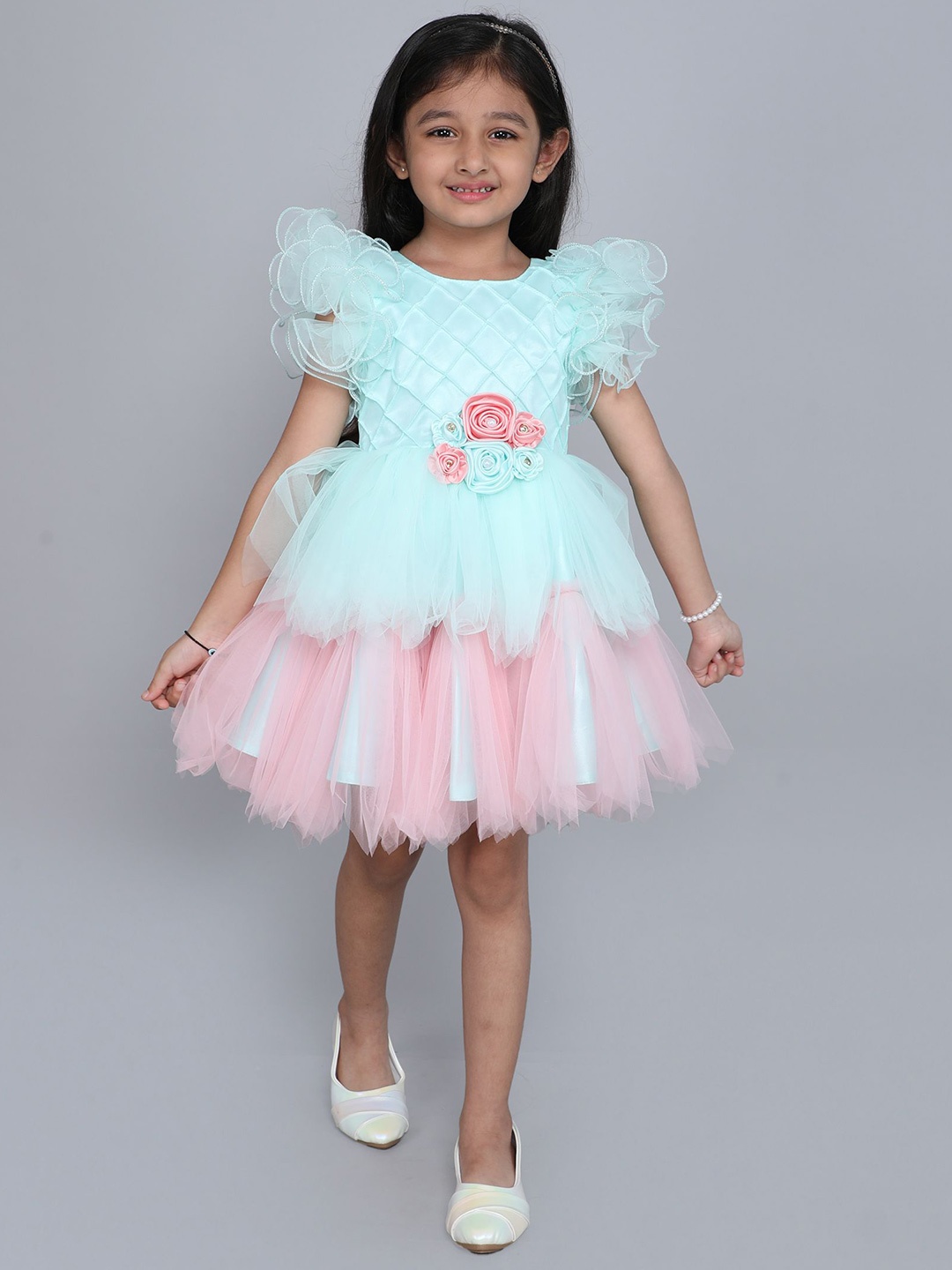 

MANY FROCKS & Girls Flutter Sleeve Net Fit & Flare Dress, Blue