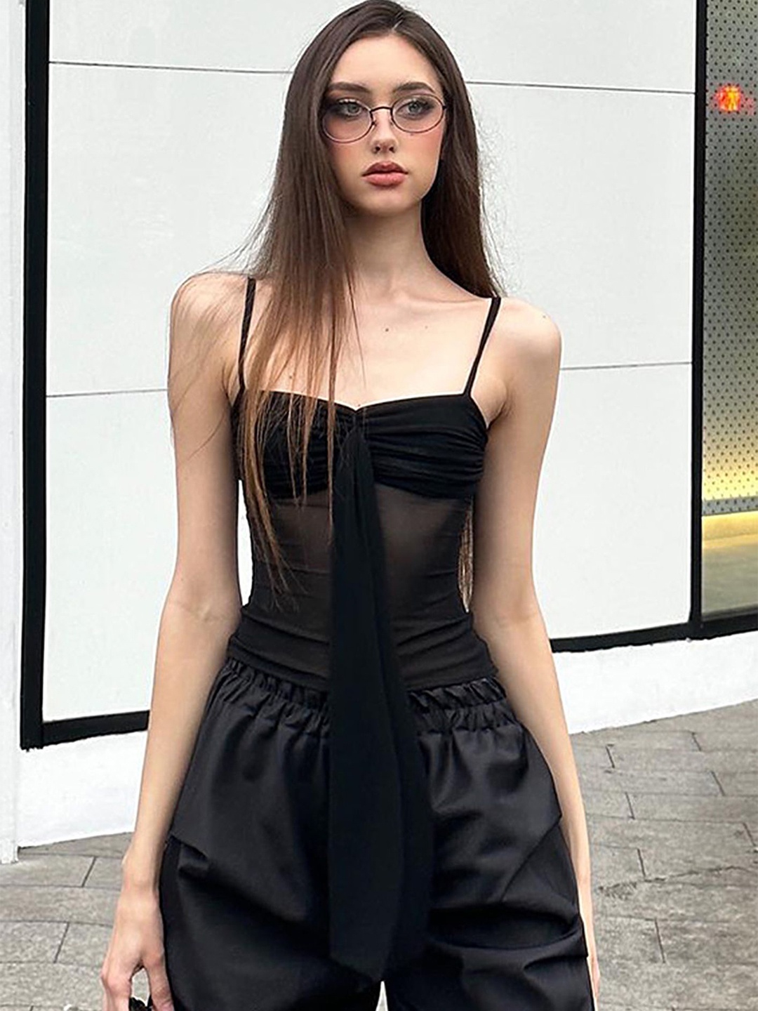 

LULU & SKY Women Solid Shoulder Straps Top, Black