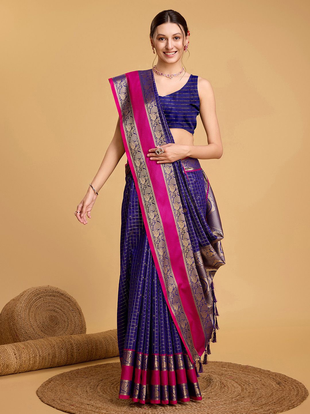 

Mitera Embellished Checked Zari Paithani Saree, Blue