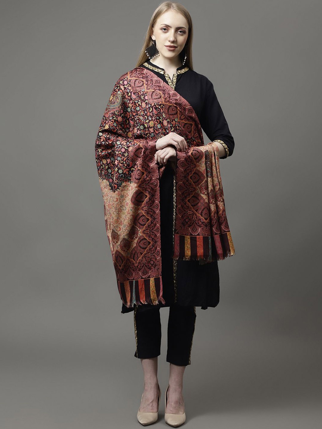 

WEAVERS VILLA Women Floral Printed Shawl, Red