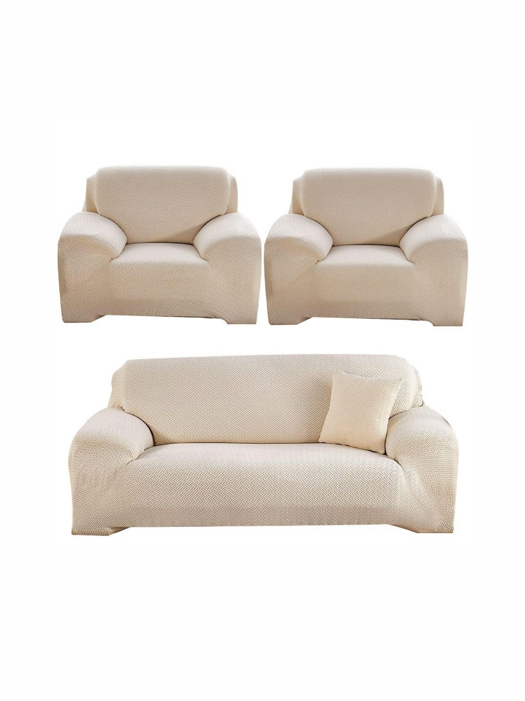 

B BESTILO Cream-Coloured Checked Polyester 3 Piece Sofa Cover With Arms