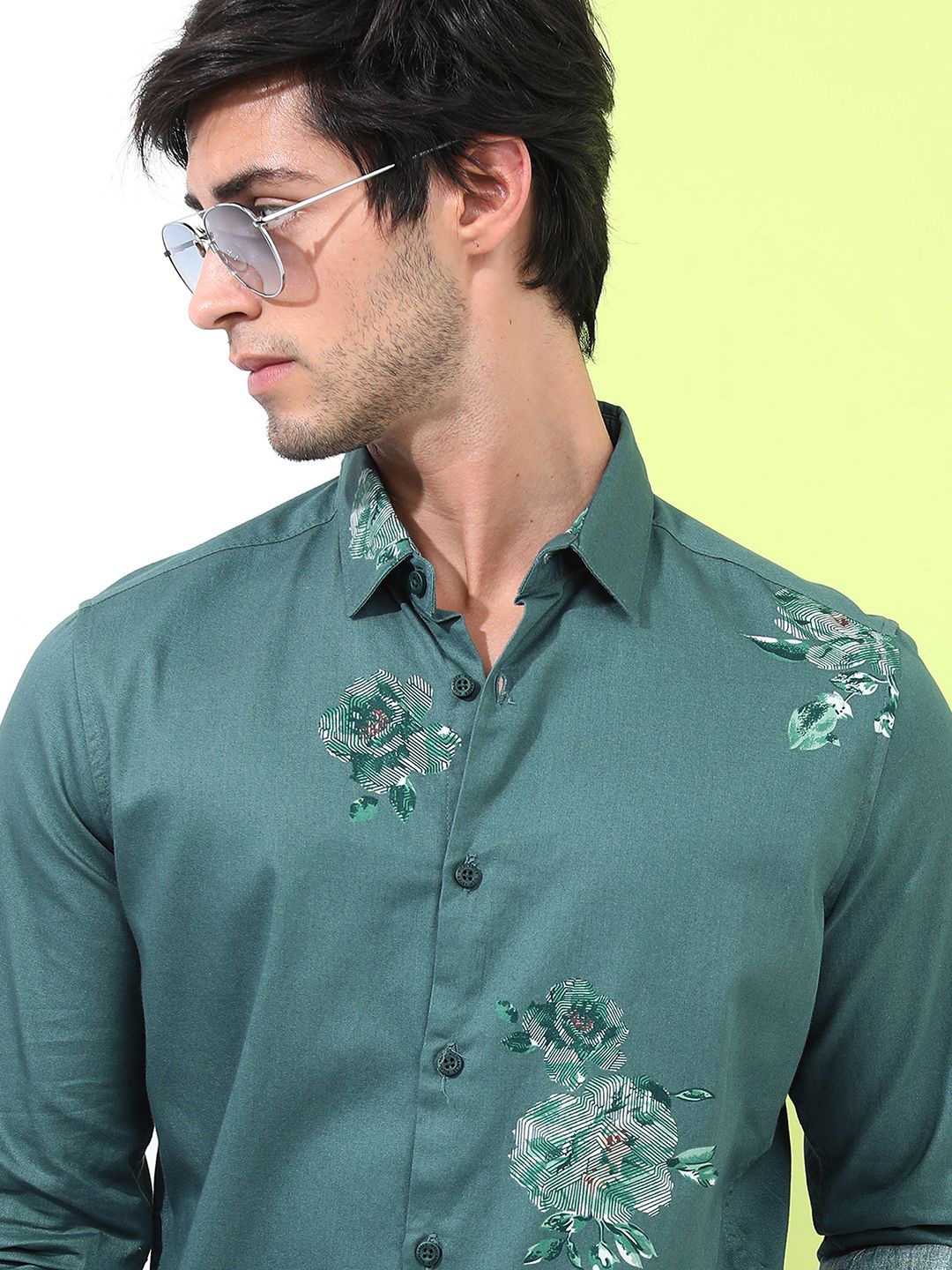 

HIGHLANDER Men Spread Collar Floral Printed Cotton Slim Fit Casual Shirt, Teal
