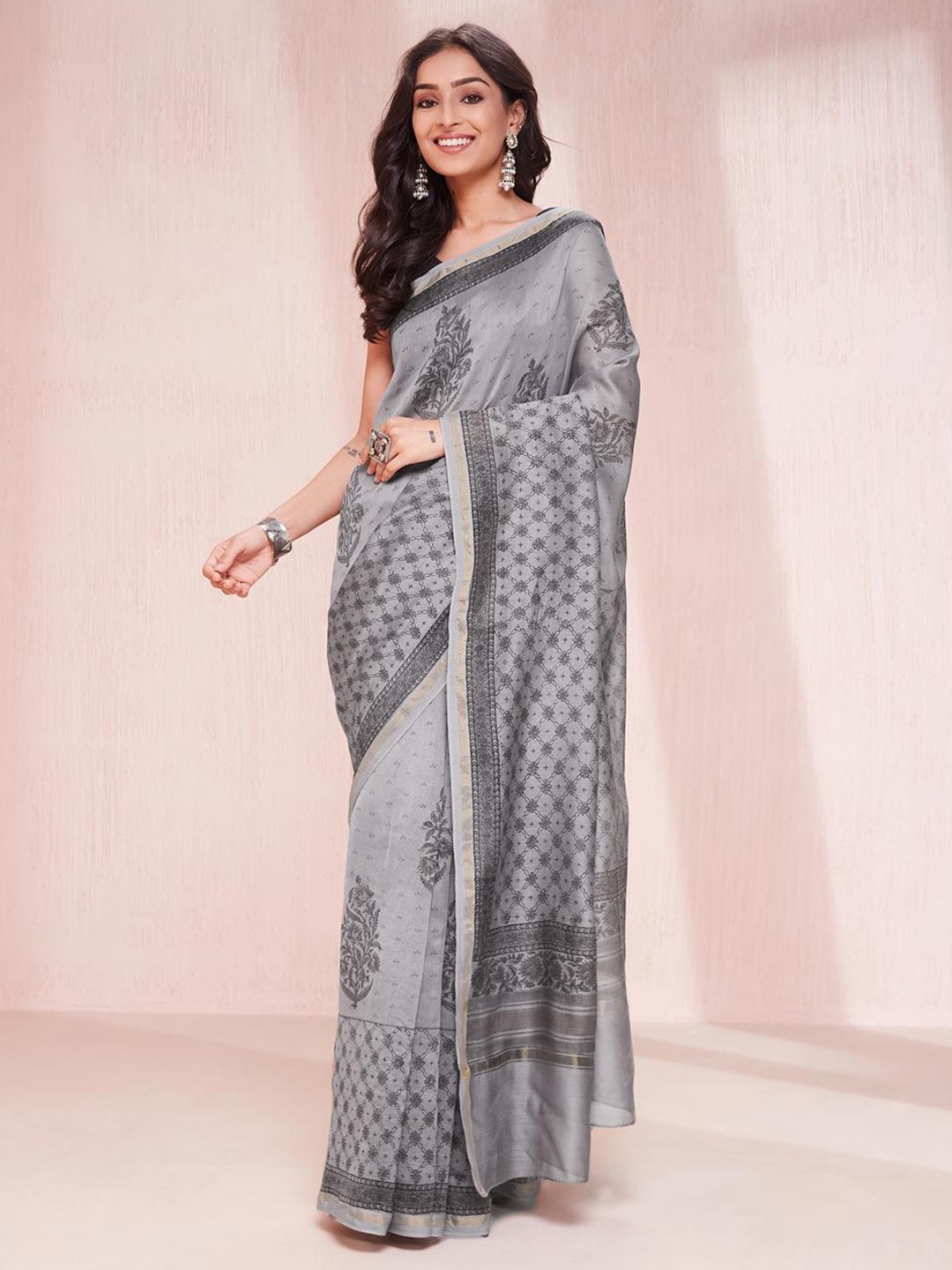 

Fabindia Floral Zari Block Print Saree, Grey