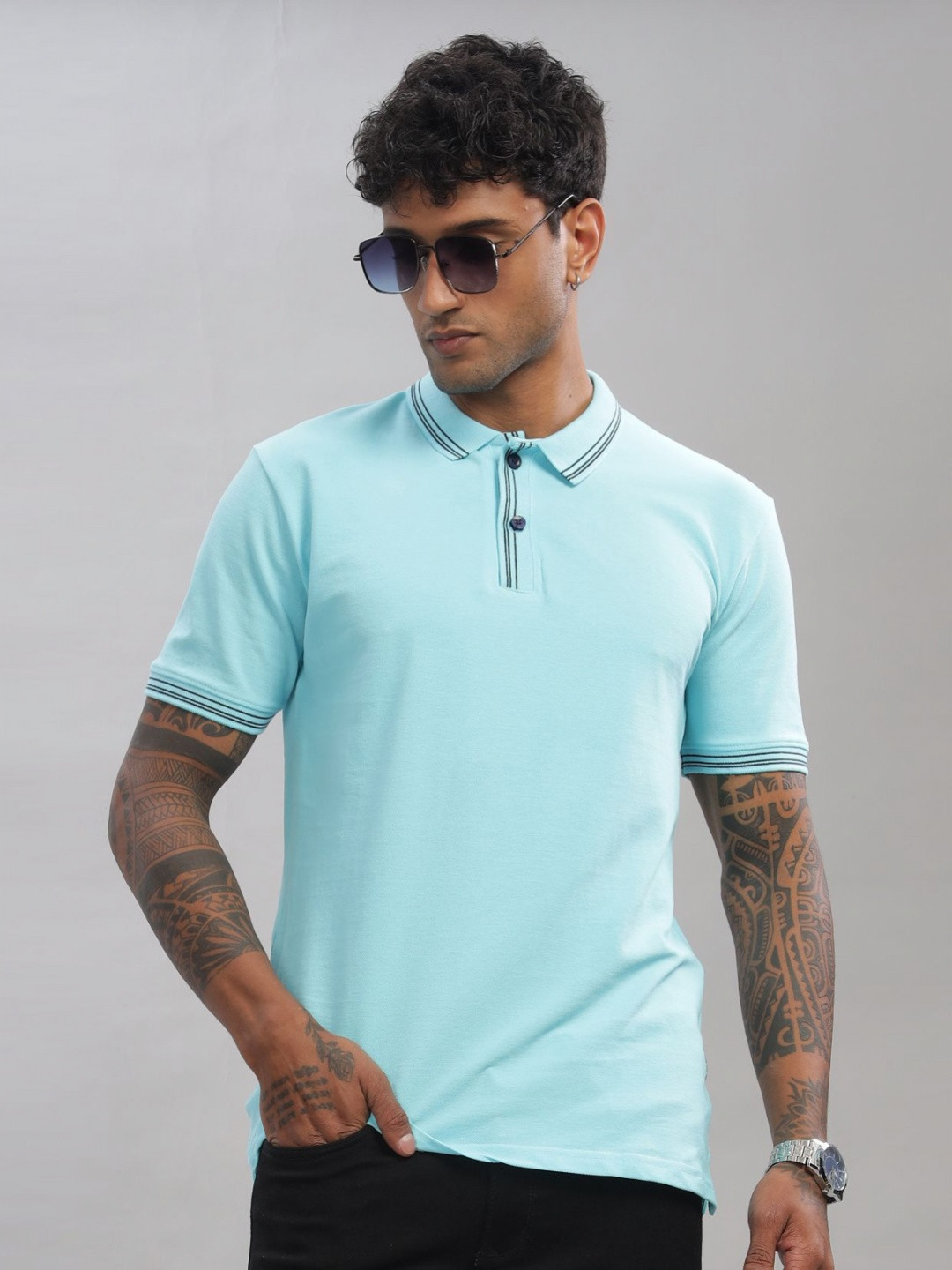 

ADRO Men Polo Collar Pockets T-shirt, Turquoise blue