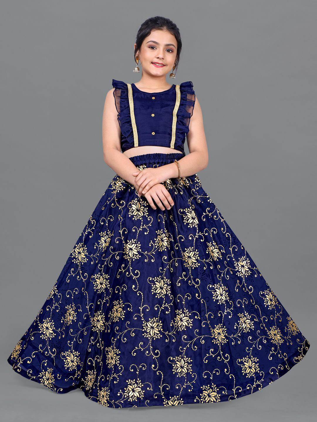

BAESD Girls Embellished Organza Ready to Wear Lehenga & Choli, Navy blue