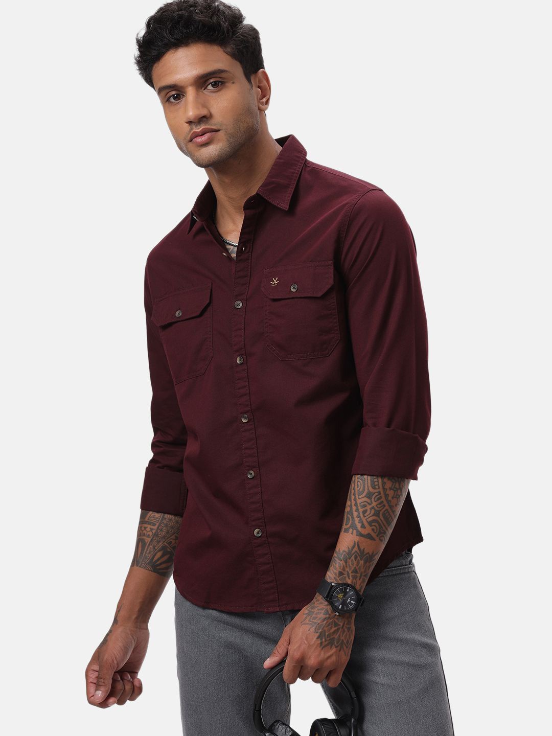 

WROGN Men Custom Spread Collar Solid Cotton Casual Shirt, Maroon