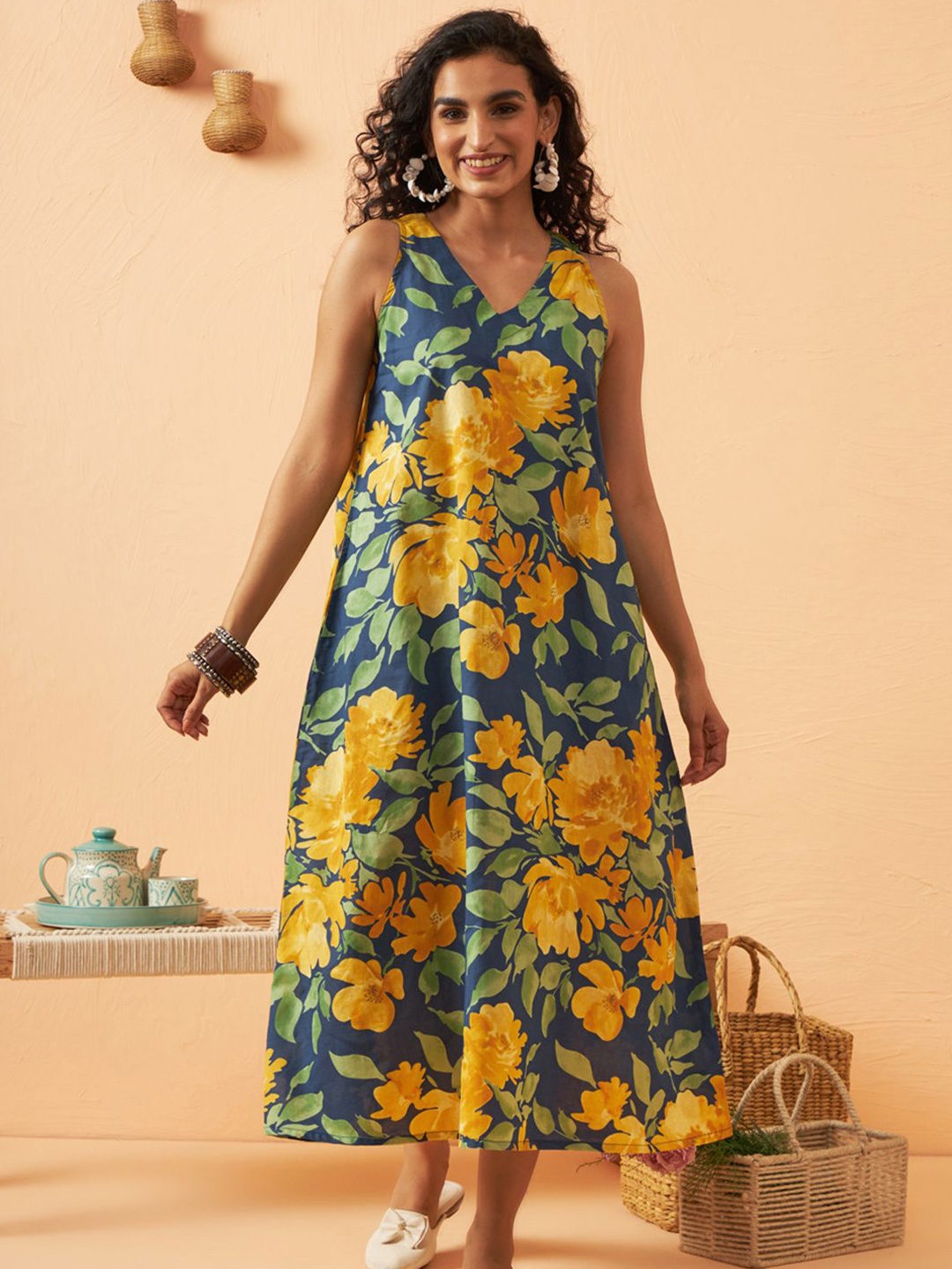 

ARAVALII Floral Printed A-Line Midi Dress, Blue