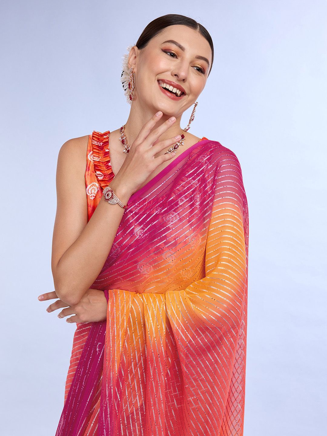 

Mitera Striped Zari Saree With Blouse Piece, Pink