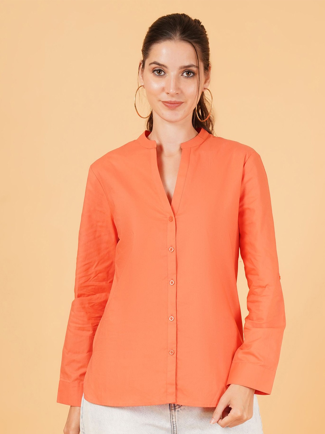 

IX IMPRESSION Women Relaxed Mandarin Collar Solid Cotton Casual Shirt, Orange