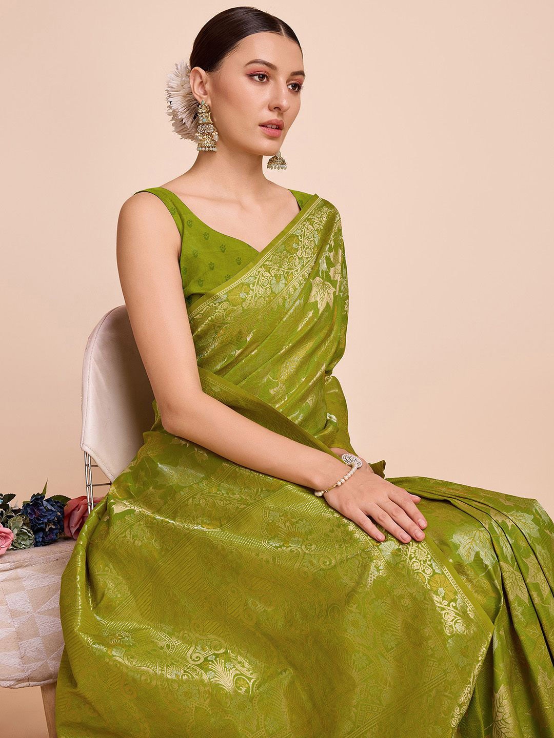 

Satrani Woven Design Zari Pure Silk Banarasi Saree, Green