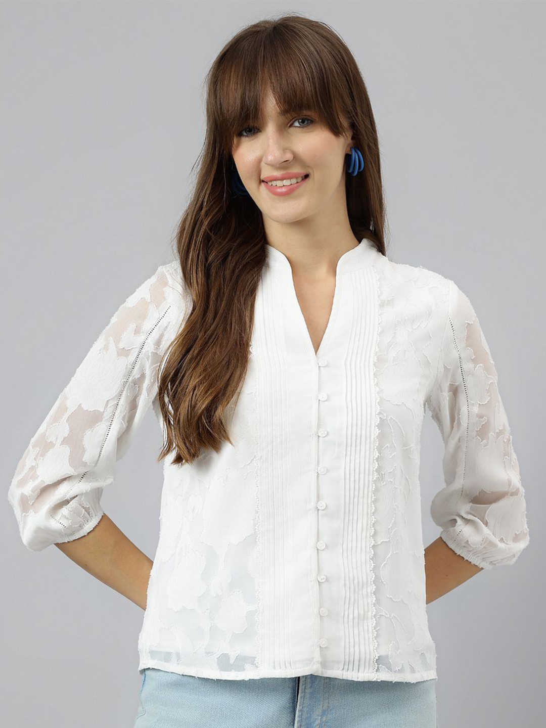 

Latin Quarters Women Mandarin Collar Solid Casual Shirt, White