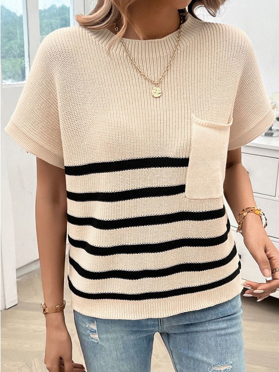 

StyleCast Women Horizontal Striped Round Neck Top, Beige