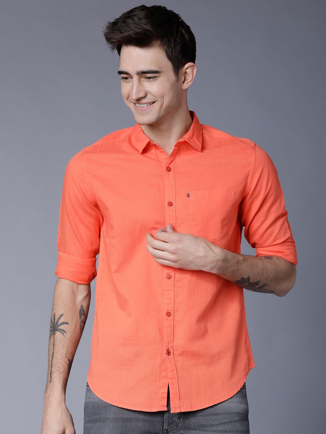 

HIGHLANDER Men Spread Collar Solid Cotton Linen Slim Fit Casual Shirt, Coral