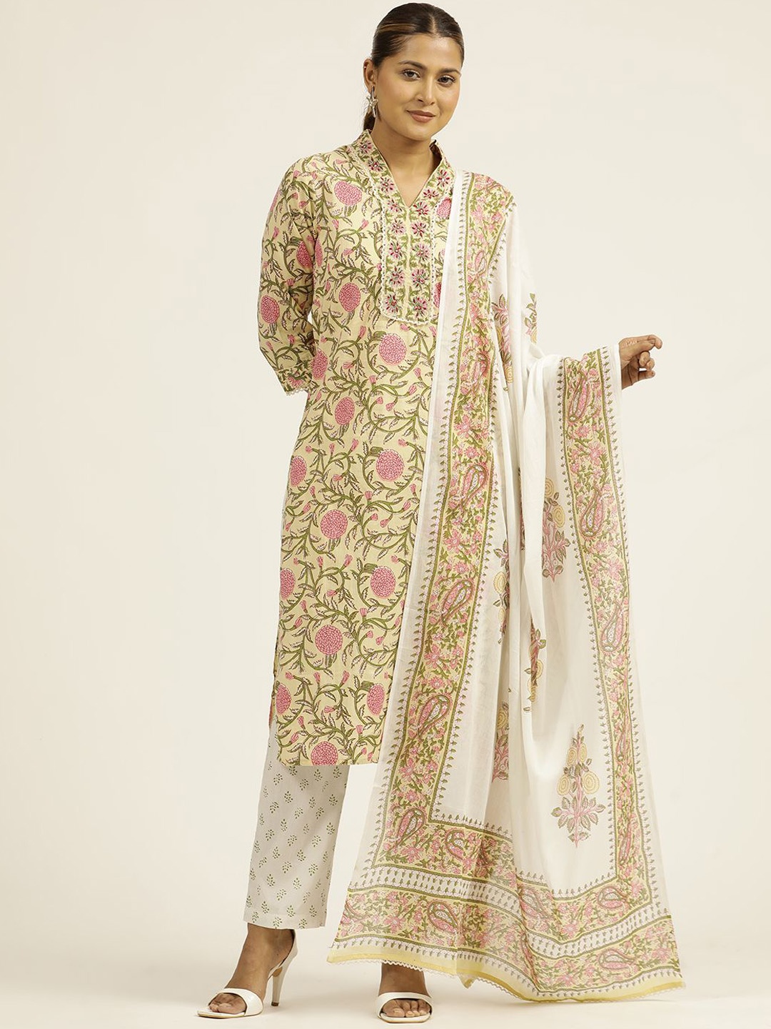 

Jaipur Kurti Ethnic Printed Embroidered Cotton Suit Set, Yellow