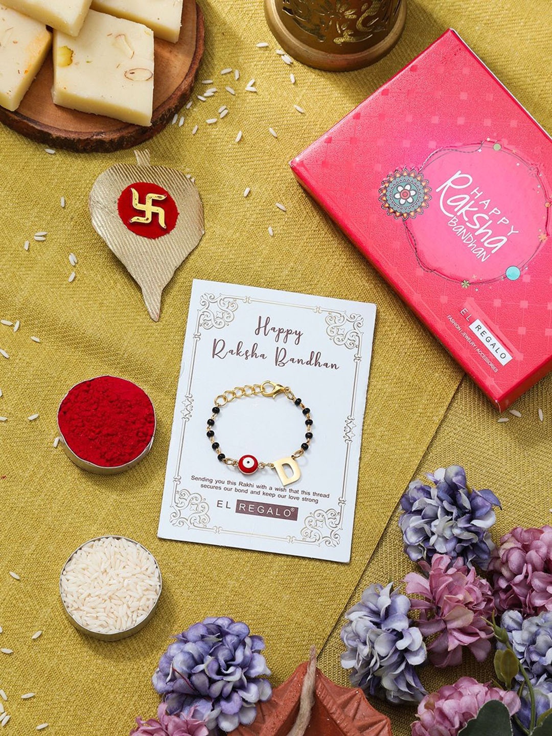 

EL REGALO D Letter Charm Rakhi Gift Set, Gold