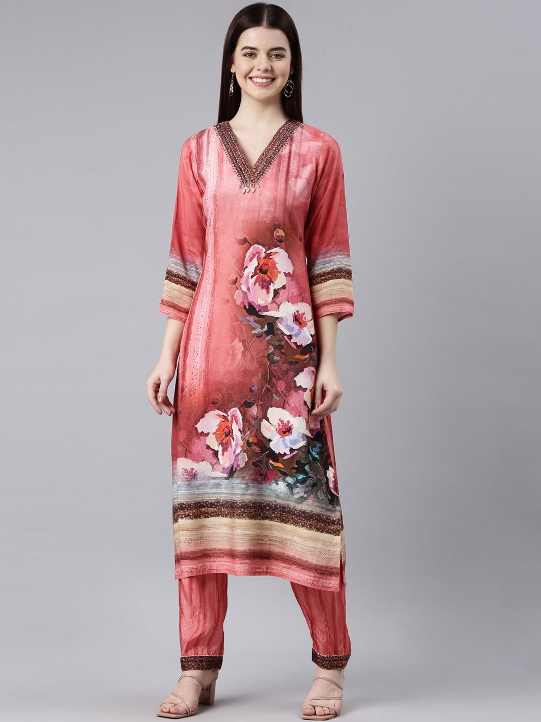 

Neerus Women Floral Printed Panelled Beads and Stones Kurta with Trousers, Coral