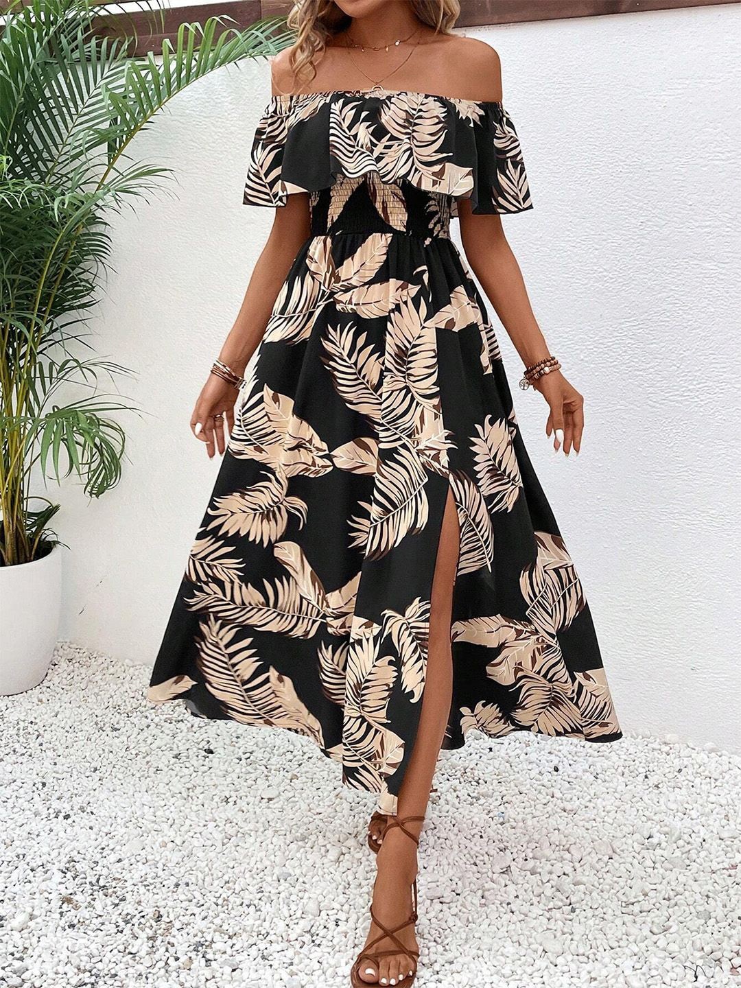 

JC Mode Floral Print Off-Shoulder Flutter Sleeve Fit & Flare Maxi Dress, Black