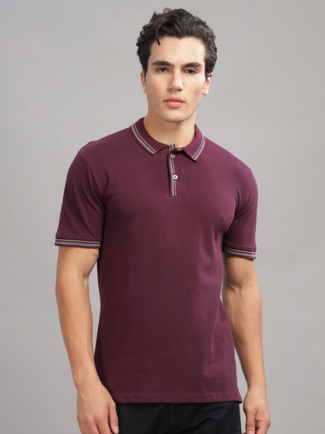 

ADRO Men Polo Collar Raw Edge T-shirt, Maroon