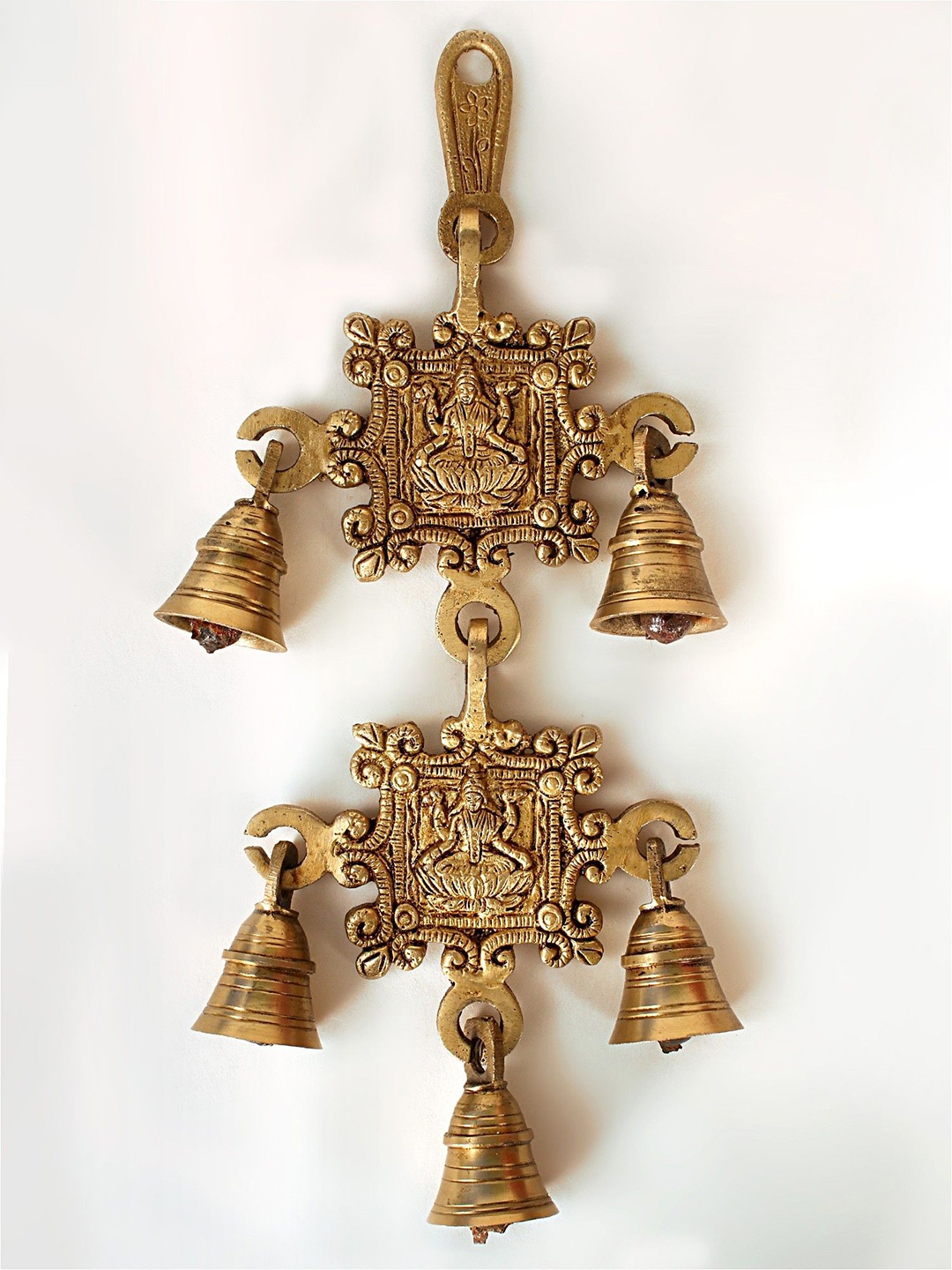

Exotic India 11" Brass Goddess Lakshmi Wall Hanging Bells, Gold