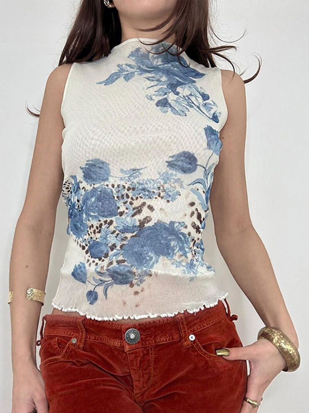 

LULU & SKY Women Floral Printed High Neck Top, White