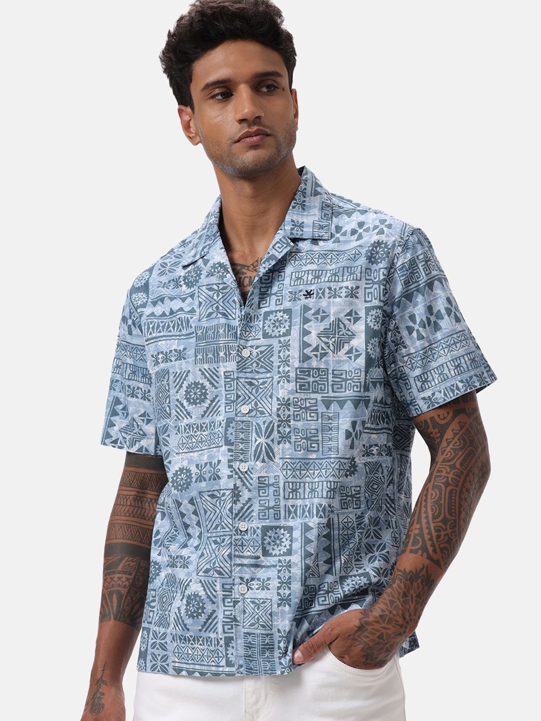 

WROGN Men Custom Cuban Collar Abstract Printed Cotton Oversized Casual Shirt, Blue