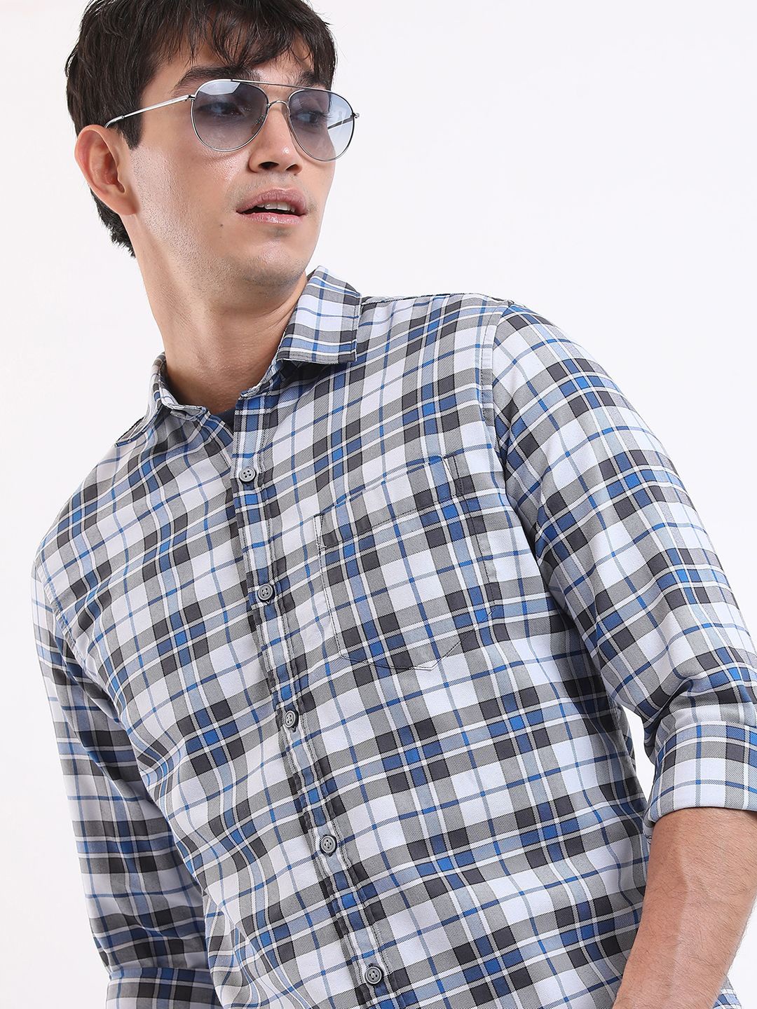 

HIGHLANDER Men Spread Collar Tartan Checked Cotton Slim Fit Casual Shirt, Blue