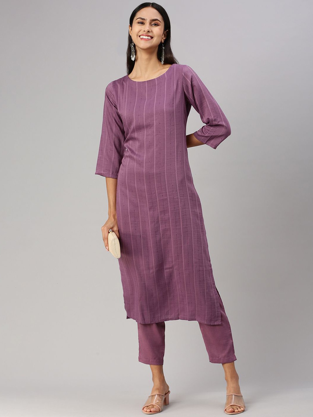 

Shaily Striped Sequinned Dobby Weave Straight Kurta With Trouser, Violet