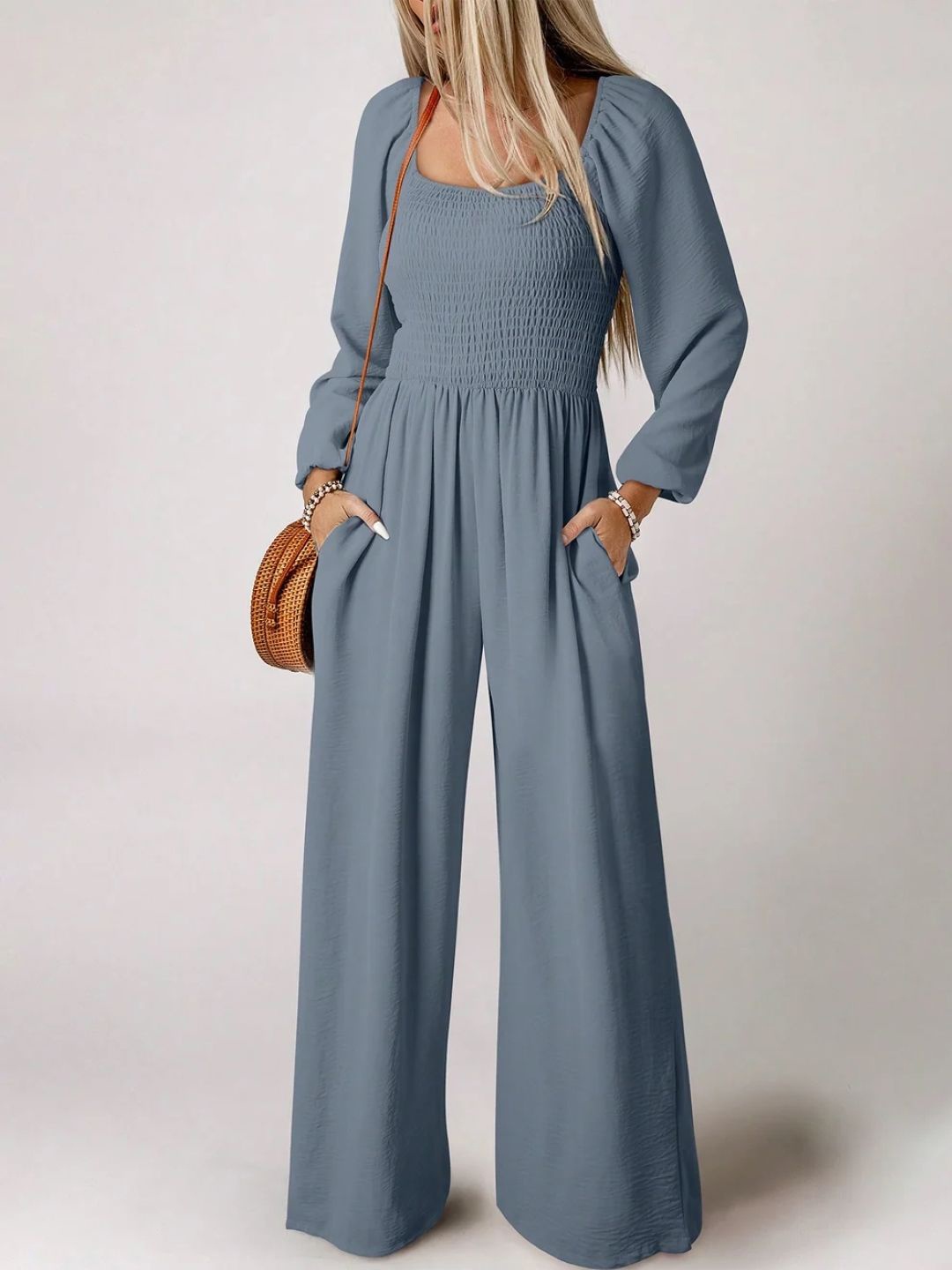 

StyleCast Jumpsuit Blue Square Neck Solid Long Sleeves Polyester Playsuit
