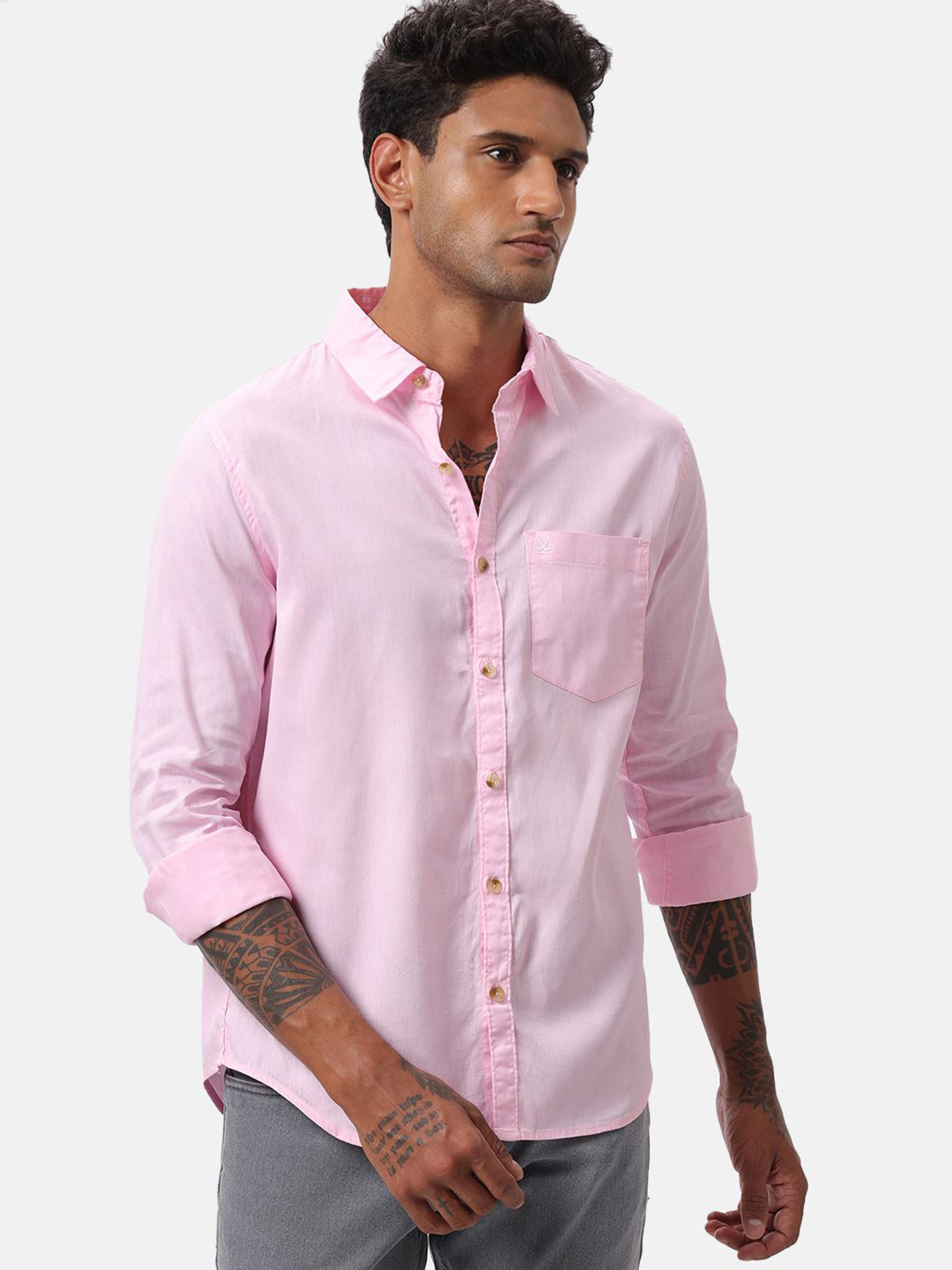 

WROGN Men Custom Spread Collar Solid Cotton Casual Shirt, Pink