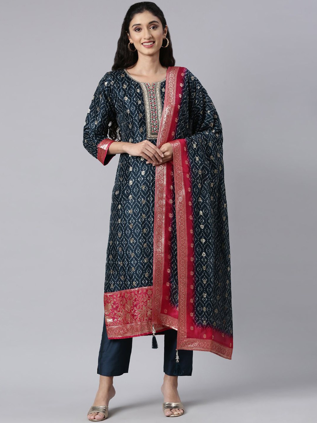 

Neerus Women Ethnic Motifs Printed Regular Beads and Stones Kurta with Trousers & With Dupatta, Blue
