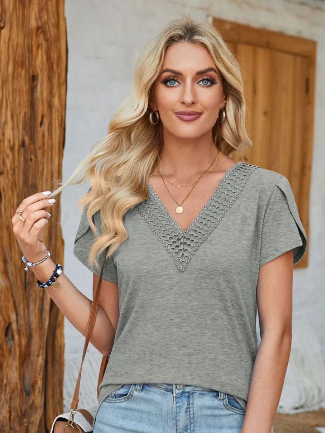 

Stylecast X KPOP Women Solid V-Neck Top, Grey