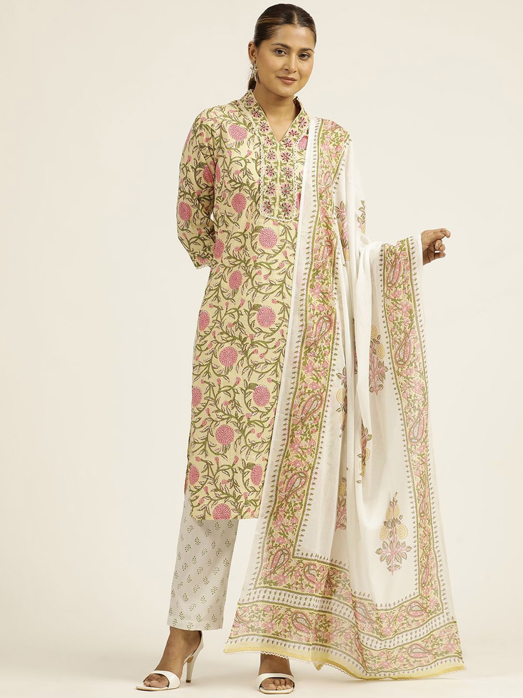 

Jaipur Kurti Ethnic Printed Hand Embroidered Cotton Suit Set, Yellow