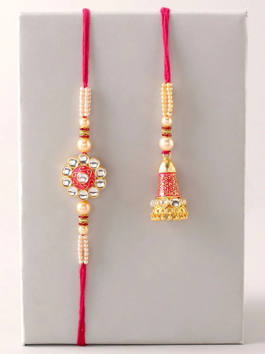 

fnp Traditional Meenakari Lumba and Kundan Rakhi Set Silver Selections, White