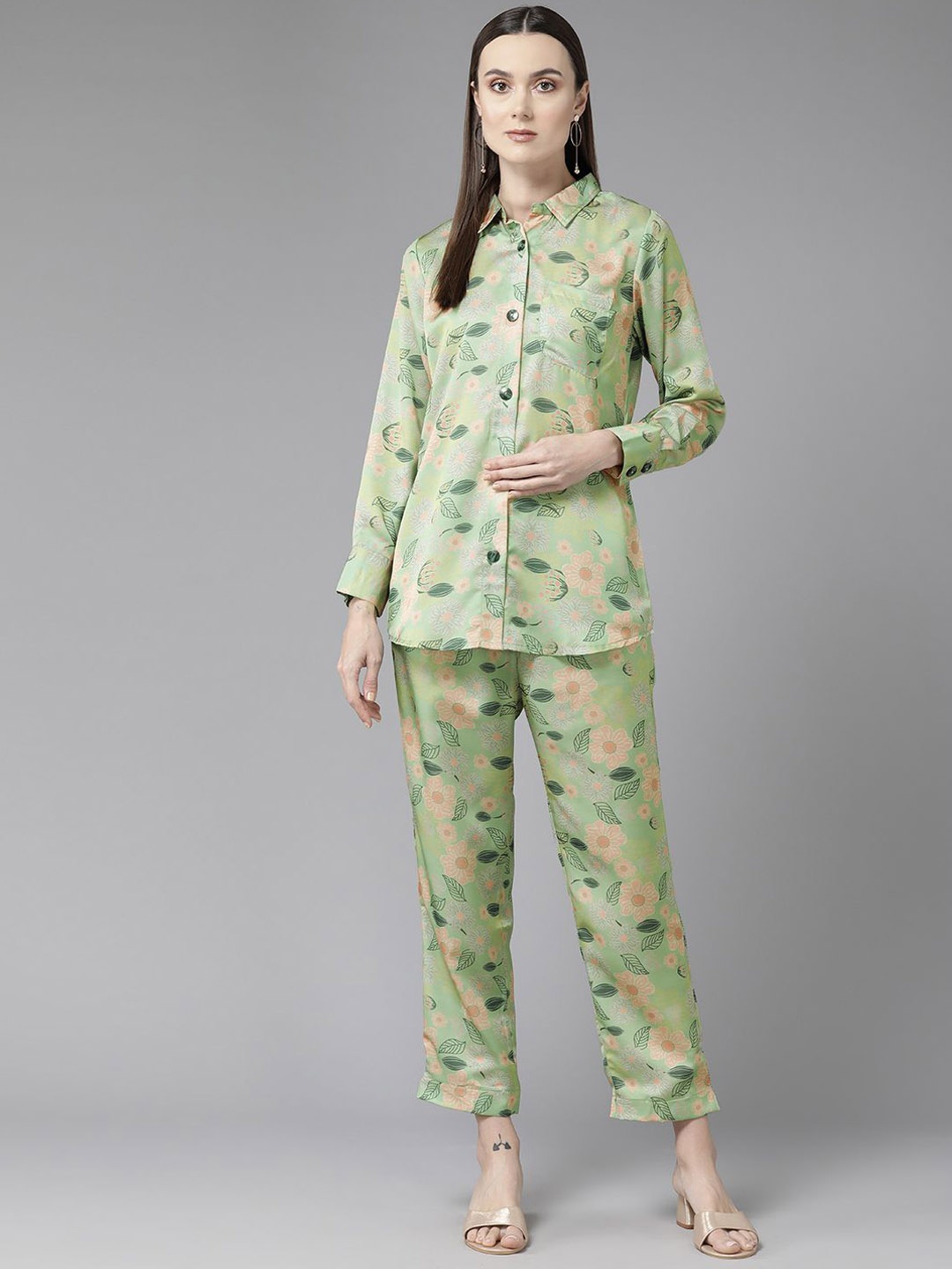 

BAESD Floral Printed Shirt With Trousers Co-Ords, Green