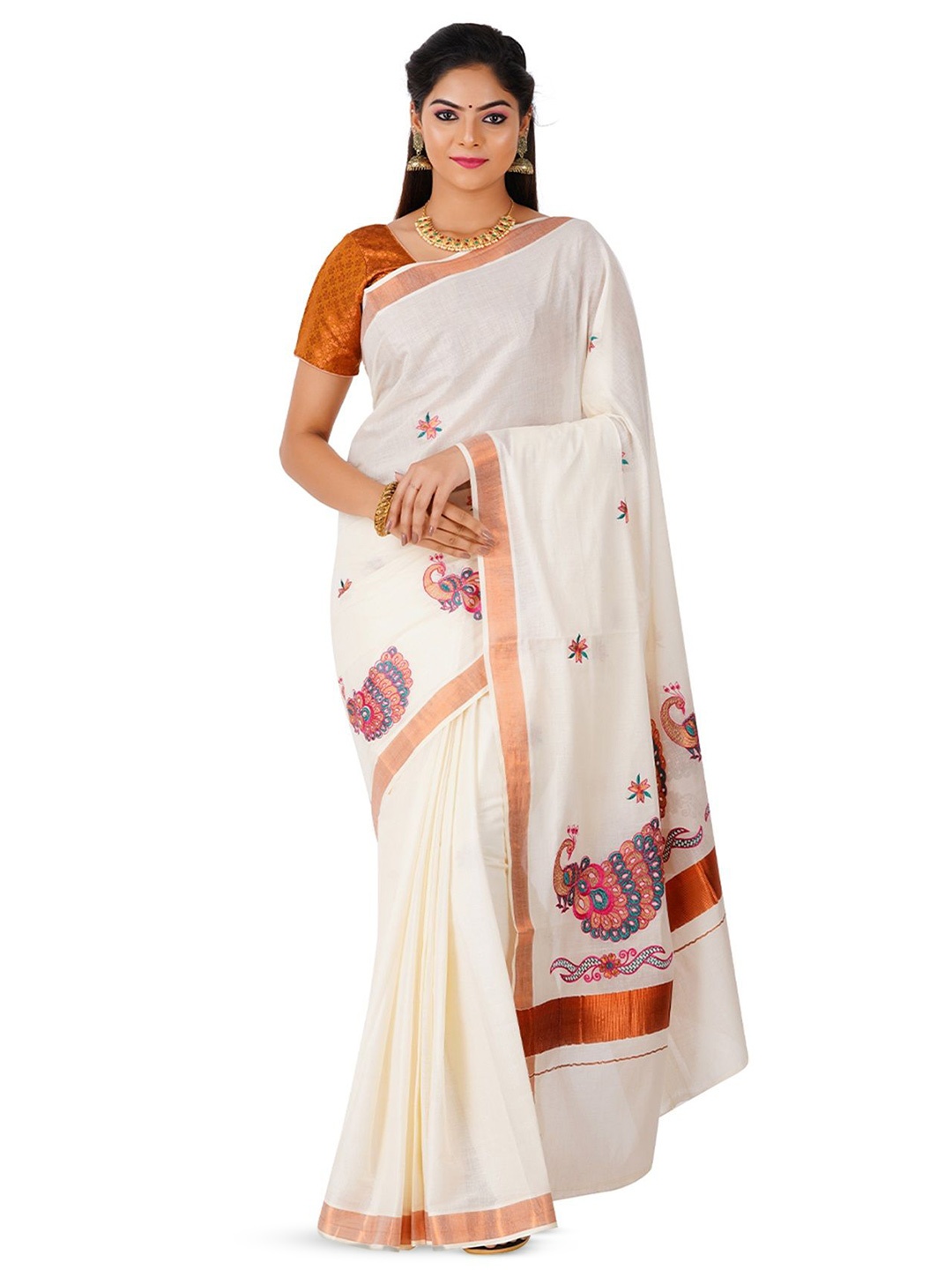 

Rst R Selvamani Tex Floral Zari Pure Cotton Kasavu Saree, Off white