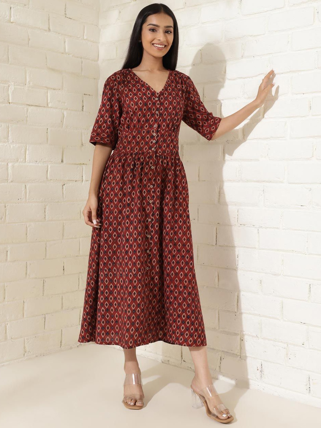 

Fabindia V-Neck Printed Fit and Flare Midi Dress, Red