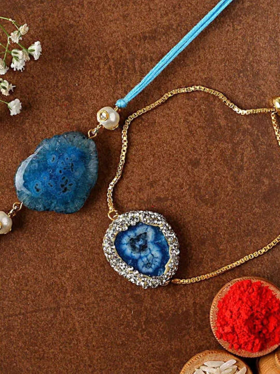 

fnp Sneh Shimmering Blue Agate Bhaiya Bhabhi Rakhi Lumba Rakhis