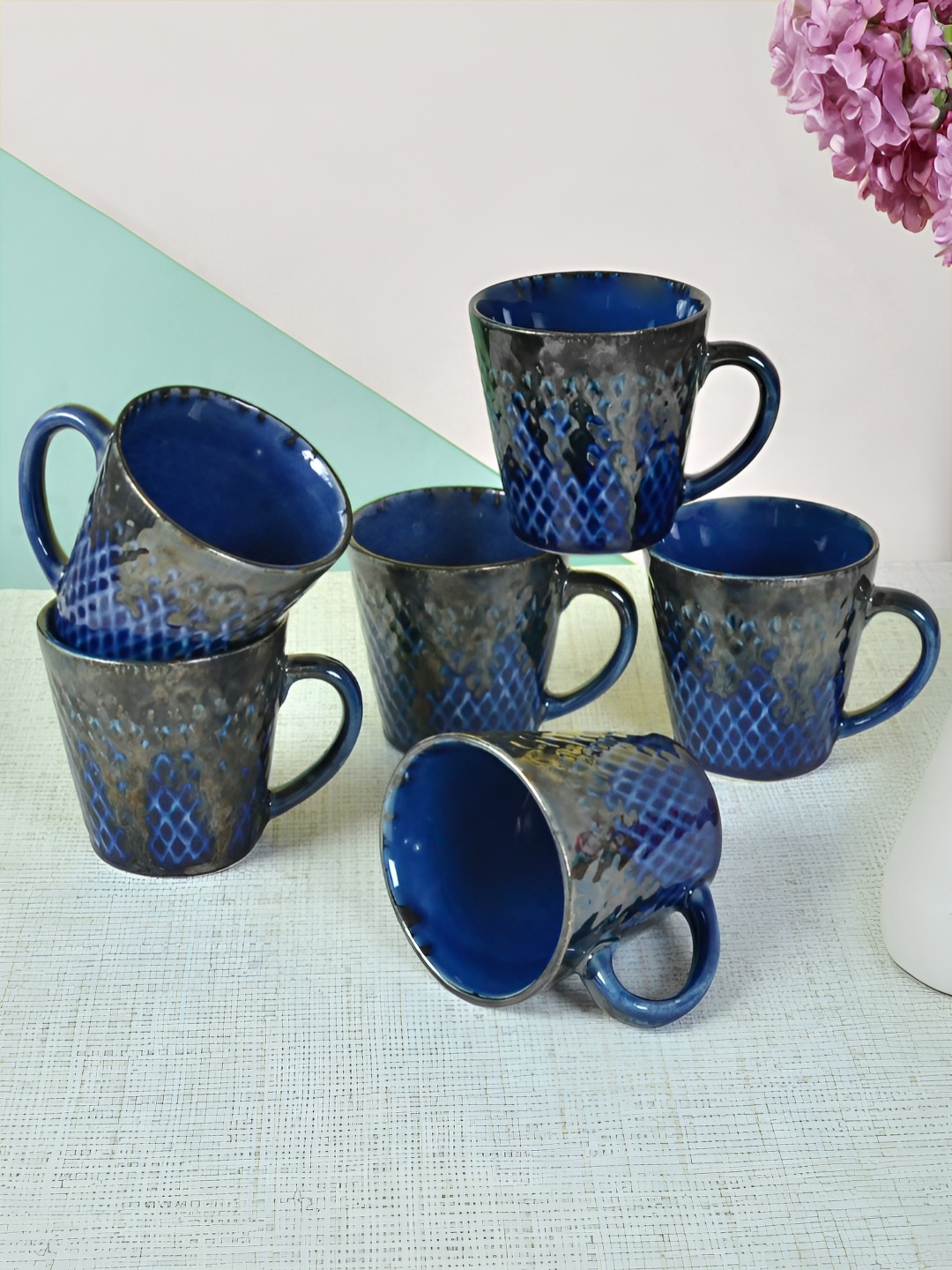 

FABINALIV Set of 6 Blue & Grey Textured Ceramics Glossy Cups