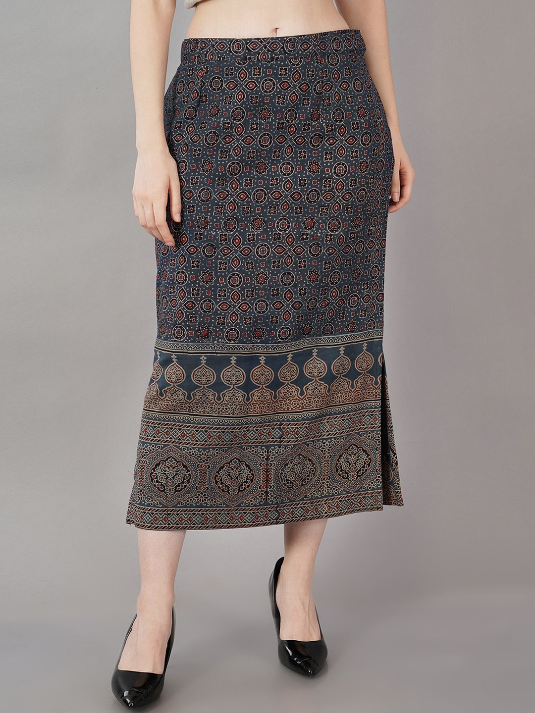 

NAVSYAA Printed Pure Cotton Pencil Midi Skirt, Blue