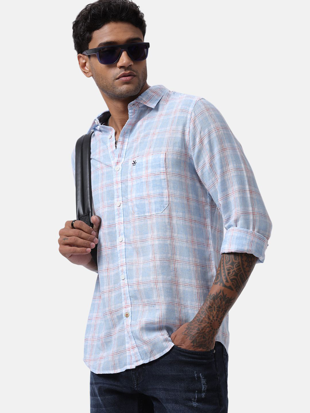 

WROGN Men Custom Spread Collar Tartan Checked Cotton Slim Fit Casual Shirt, Blue
