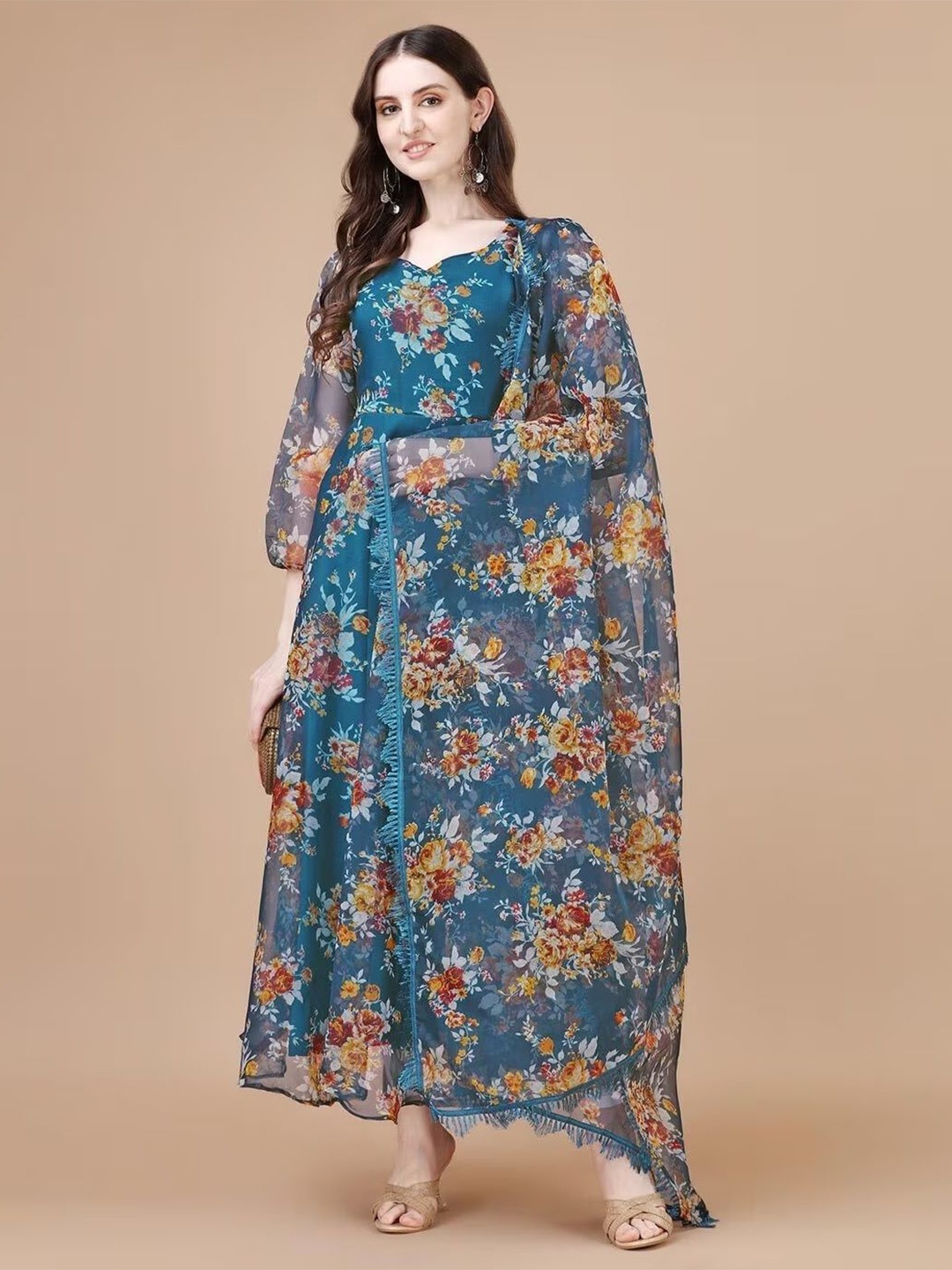 

KALINI Floral Printed Maxi Ethnic Dress With Dupatta Set, Blue