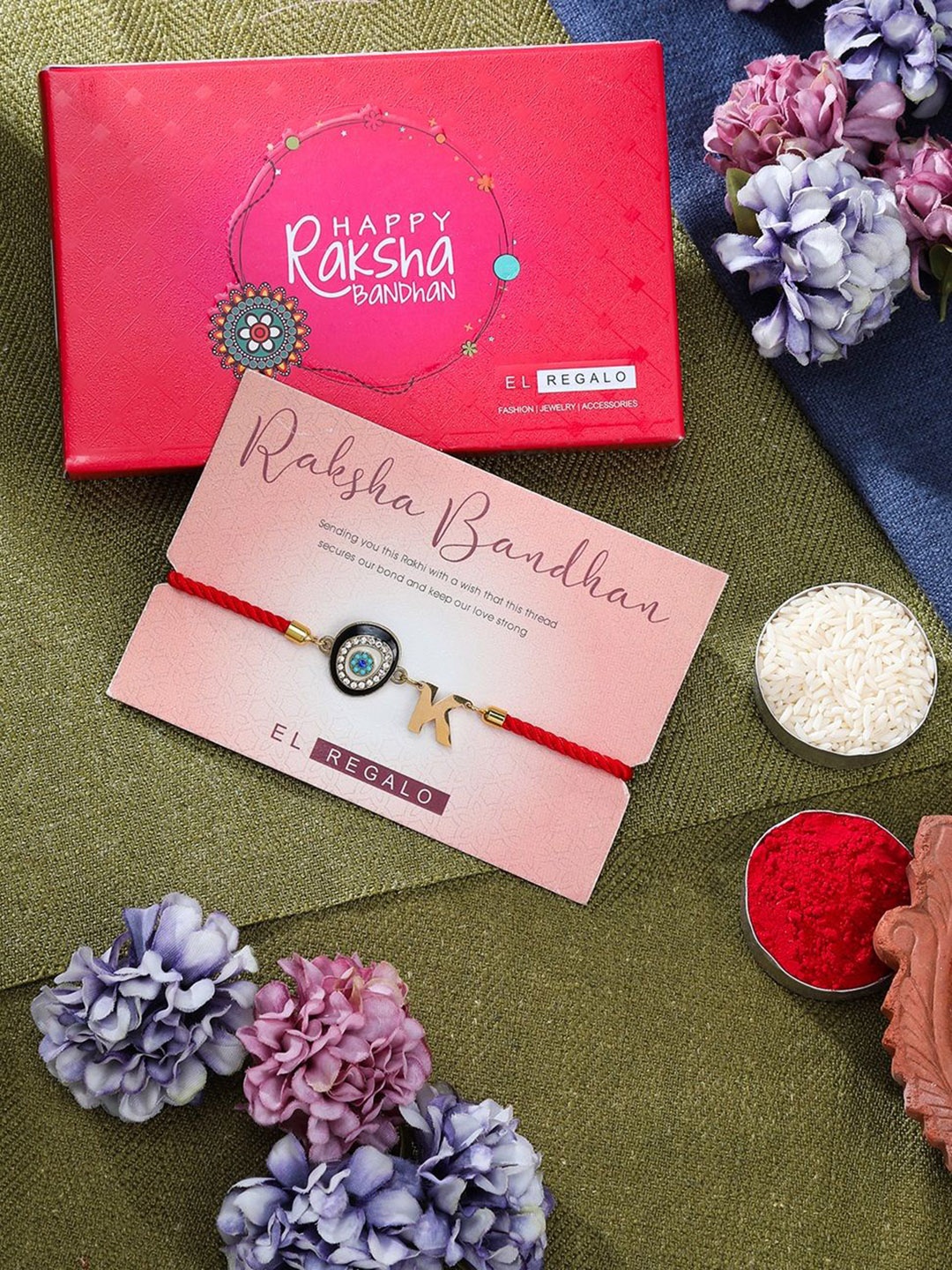

EL REGALO K Letter Charm Rakhi Gift Set, Silver