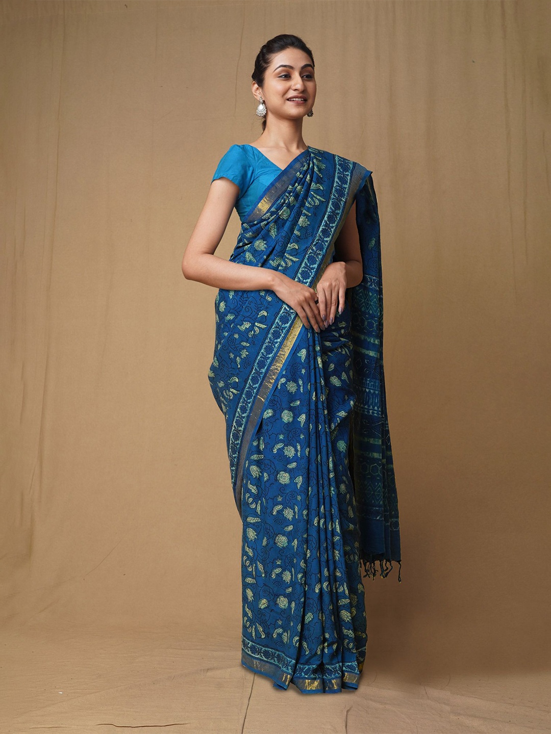 

Unnati Silks Ajrak Block Zari Art Silk Handloom Chanderi Saree, Blue